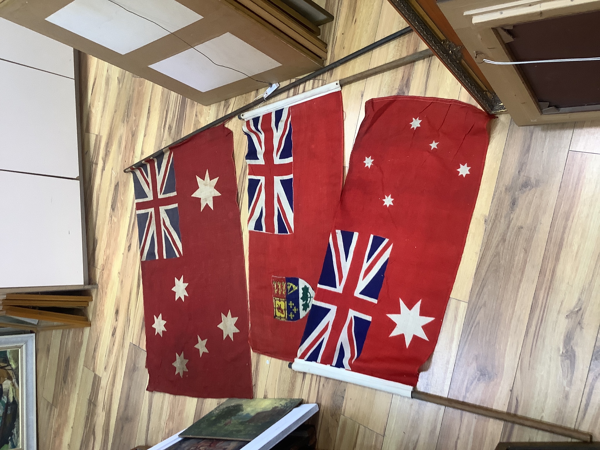 A large German Third Reich flag, 300 x 160cm, a Japan Rising Sun flag, 260cm, and other national flags